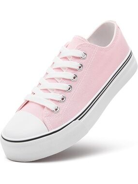 Women's Pink Tennis Casual Canvas Sneakers Lace Up White Tennis Shoes